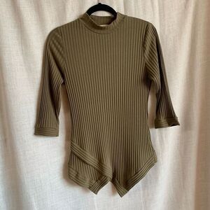 Monteau Womens XL Olive Green Knit Sweater Ribbed Quarter Sleeve Mock Neck